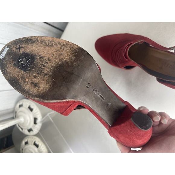 COCLICO Deep Red Suede Heels Sandals Peep Toe Slingback EU 40 US 9-9.5 - Picture 8 of 8